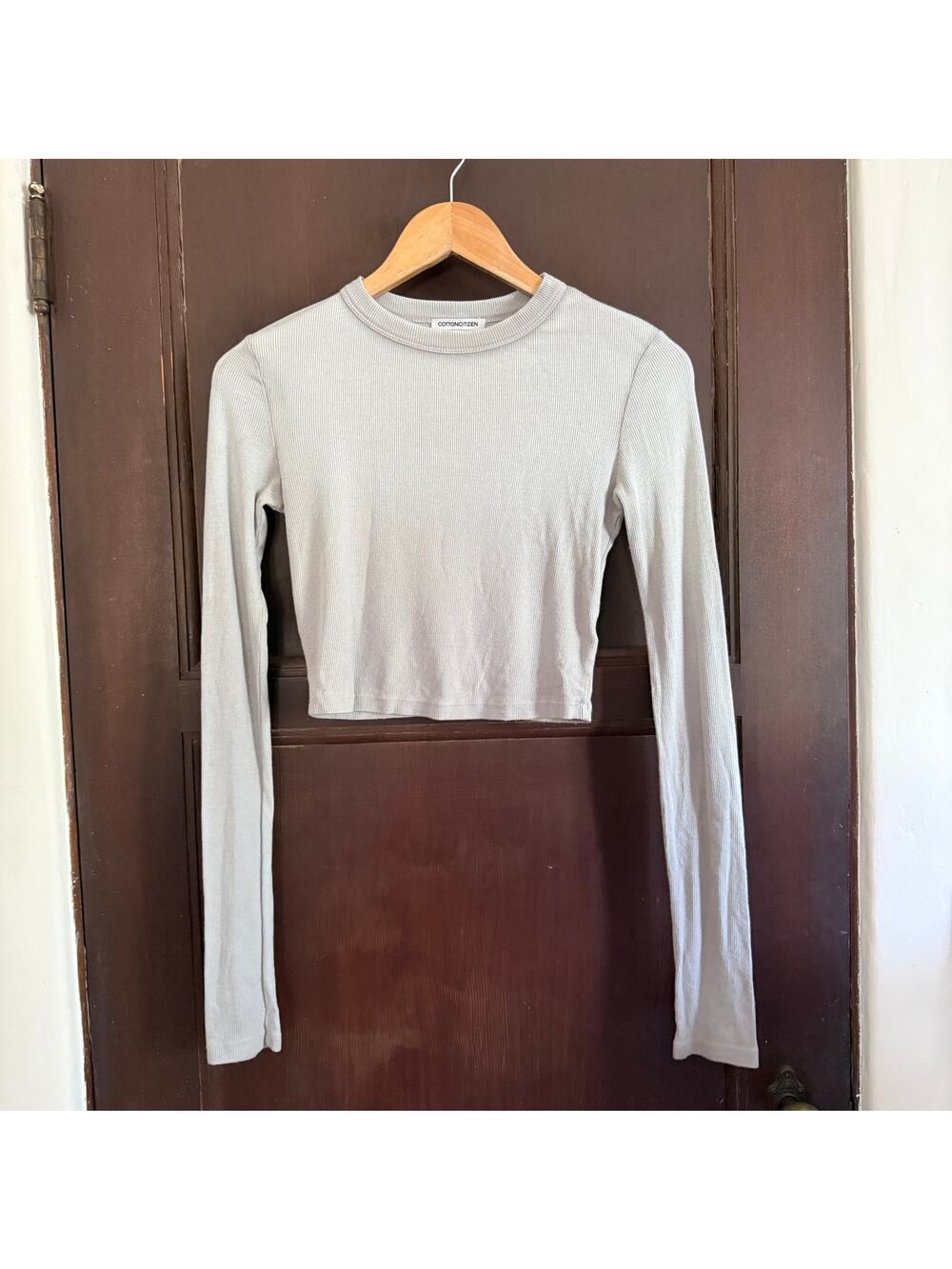 COTTON CITIZEN | Gray Soft Ribbed Cropped Long Sleeve Crew Neck Tee Shirt | XS
